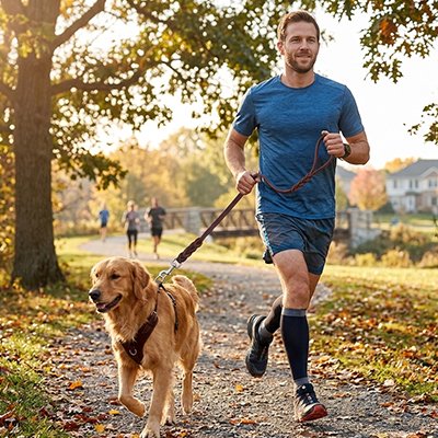 Laisse chien Scooby Maître courant avec son labrador sur un sentier