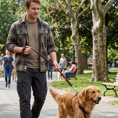 Laisse chien Scooby Maître marchant avec son golden retriever dans un parc