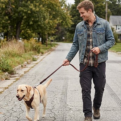 Laisse chien Scooby Maître marchant avec son jeune labrador dans la rue