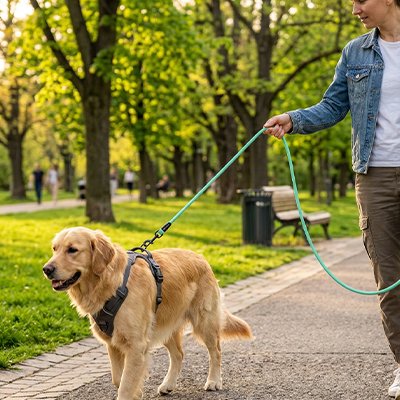 Laisse de Chien Abers Maître avec son golden retriever au parc avec la laisse turquoise
