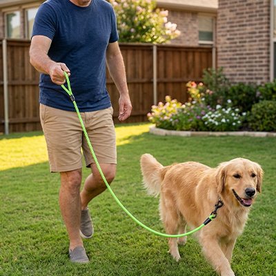 Laisse de Chien Abers Maître avec son labrador dans la cour avec la laisse verte