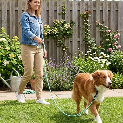 Laisse de Chien Abers Maîtresse dans un jardin avec son chien avec la laisse turquoise