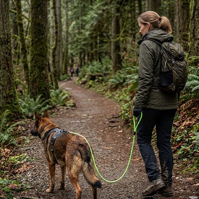 Laisse de Chien Abers Maîtresse en randonnée en forêt avec son Berger Allemand avec la laisse verte