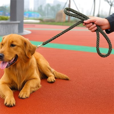 Laisse pour chien Robusta Golden couché sur un tapis avec la laisse verte