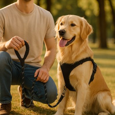 Laisse pour chien Spirilou Golden dans un parc avec la laisse noire