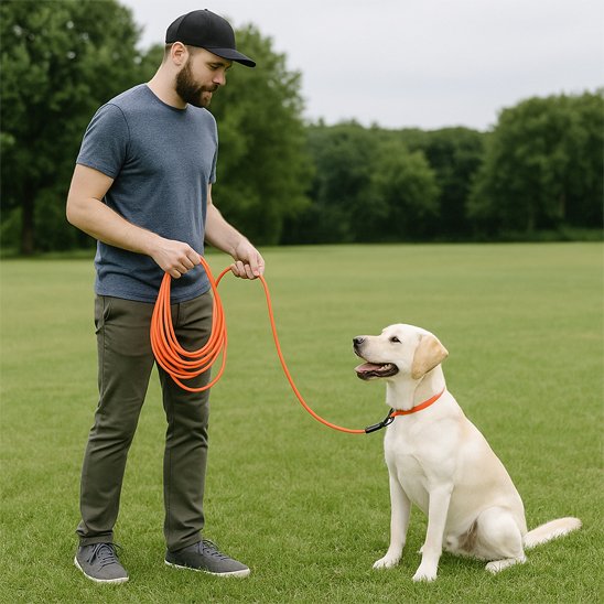 Longe chien Escapade Labrador assis avec son maître au parc avec longe orange