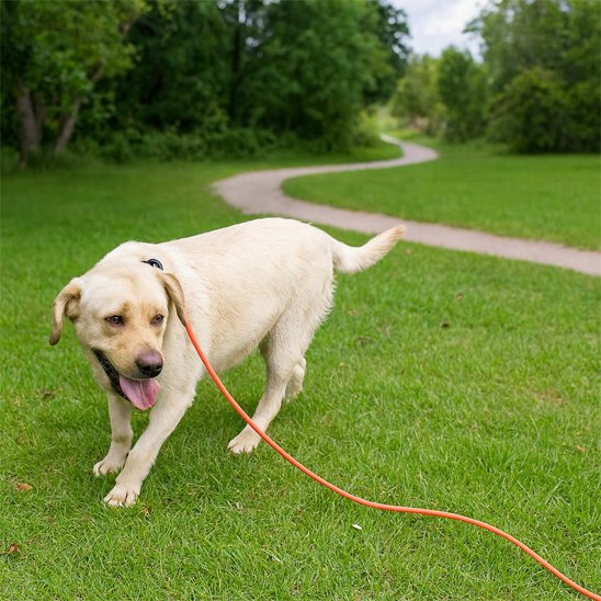 Longe chien Escapade Labrador blond debout au parc avec la longe orange