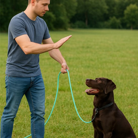 Longe chien Escapade labrador brun en entraînement avec son maître au parc longe turquoise