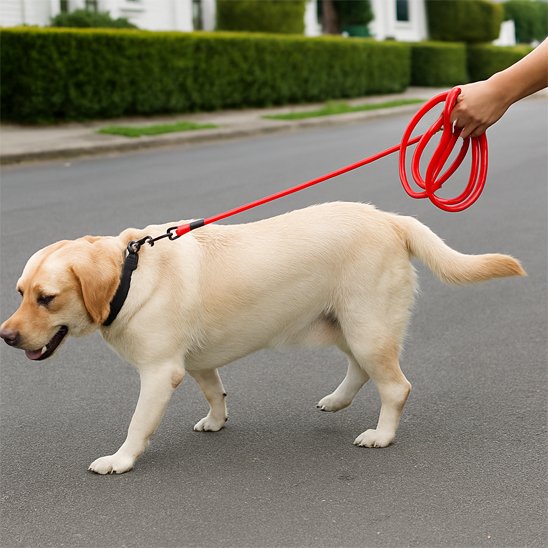 Longe chien Escapade Labrador marchant dans la rue avec une longe rouge