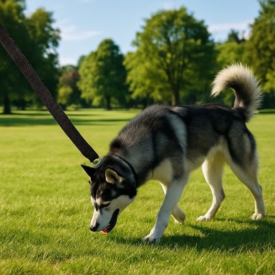 Longe pour chien Duramaster Husky reniflant le sol avec la longe noire
