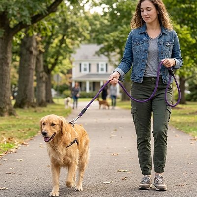 Longe pour Chien Intervalo Golden marchant avec la longe mauve sur le trottoir