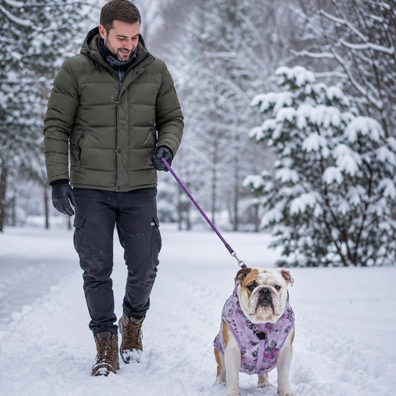 Manteau pour Chien Maitre promenant son chien avec le manteau Violet