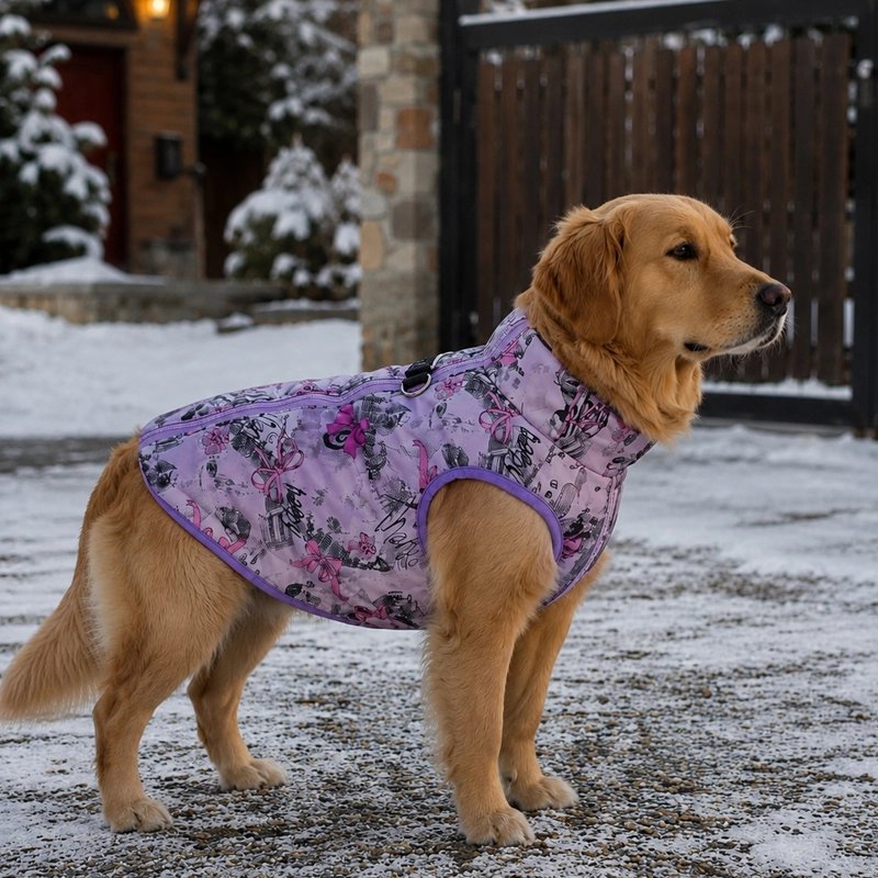 Manteau pour Chien Mila Golden debout avec le manteau Violet