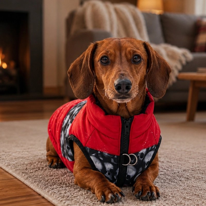 Manteau pour Chien Teckel couché sur le tapis avec le manteau rouge