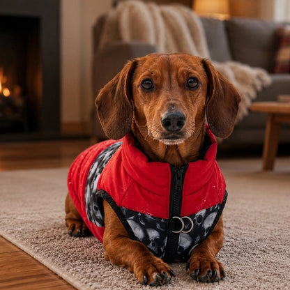 Manteau pour Chien Teckel couché sur le tapis avec le manteau rouge