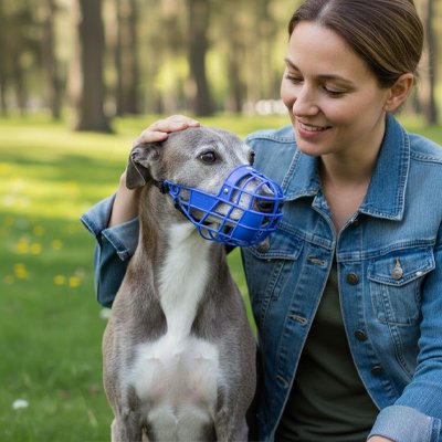Muselière chien​ Scabbard Greyhound gris avec sa maîtresse muselière bleue