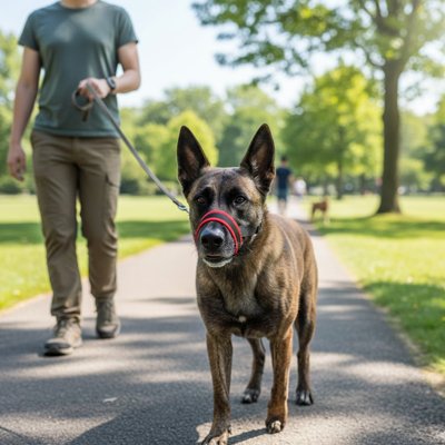 Muselière chien​ Shelly berger au parc avec son maître muselière rouge