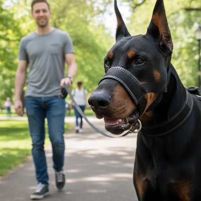 Muselière chien​ Shelly Doberman en promenade avec son maître