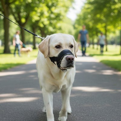 Muselière chien​ Shelly Labrador blond avec muselière noire au parc