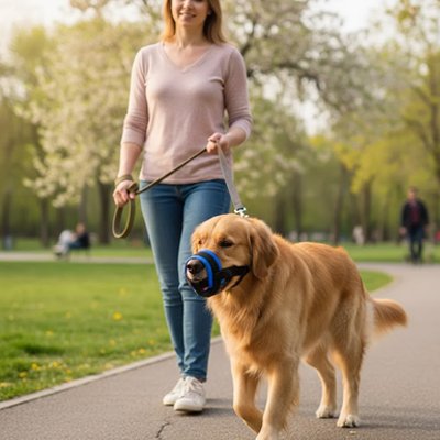 Muselière chien​ Shelly Labrador en laisse avec muselière bleu