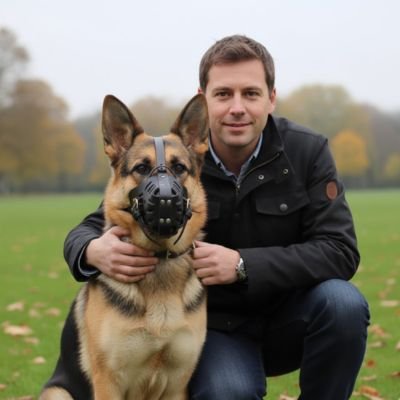 Muselière pour chien​ Armor homme assis tenant son berger Allemand