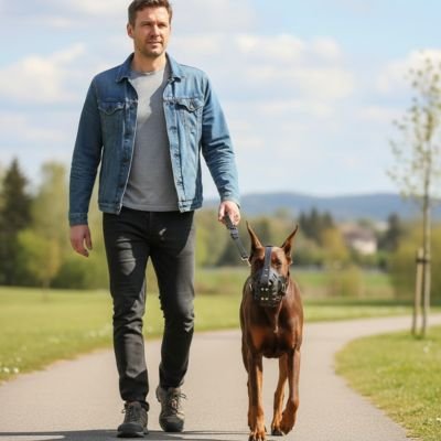Muselière pour chien​ Armor Maître promenant son chien au parc