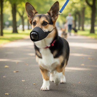 Muselière pour chien​ Egide Corgi avec muselière noir en promenade