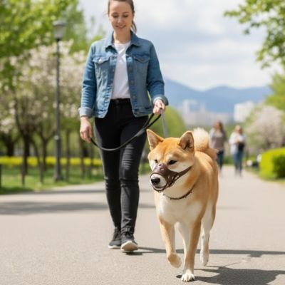 Muselière pour chien​ Notbite Shiba Inu promenade avec maîtresse