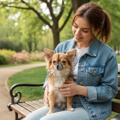 Muselière pour chien​ Safemouth chihuahua assis avec maîtresse au parc