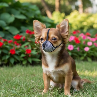 Muselière pour chien​ Safemouth Chihuahua près banc de fleur