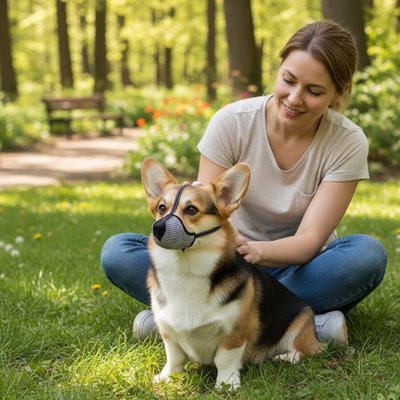 Muselière pour chien​ Safemouth Corgi assis pelouse avec sa maîtresse
