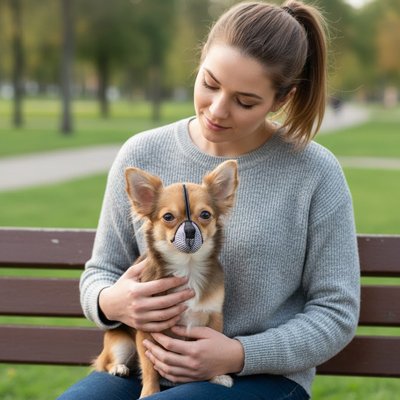 Muselière pour chien​ Safemouth Maîtresse tenant assis sur ses genoux son chihuahua au parc