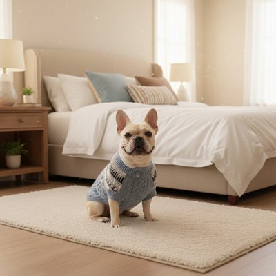Pull pour Chien Pully Bouledogue français assis dans la chambre avec le pull bleu pâle