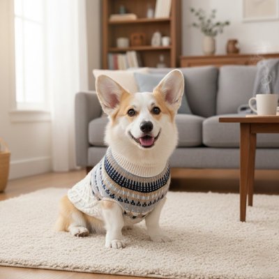 Pull pour Chien Pully Corgi assis avec le pull blanc