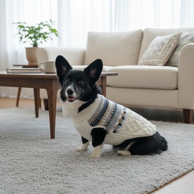 Pull pour Chien Pully Corgi noir assis avec le pull blanc