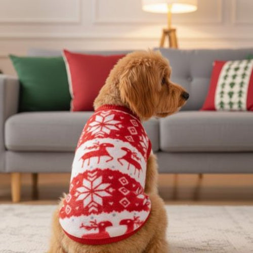 Pull pour Chien Renne et Flocon Caniche assis de dos montrant le pull blanc et rouge
