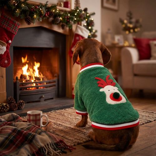 Pull pour Chien Renne et Flocon Teckel assis avec le pull Renne vert