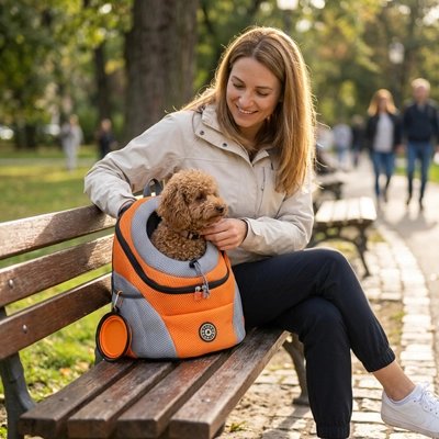 Sac a dos chien Fusion Maîtresse assis sur banc avec son caniche dans le sac orange