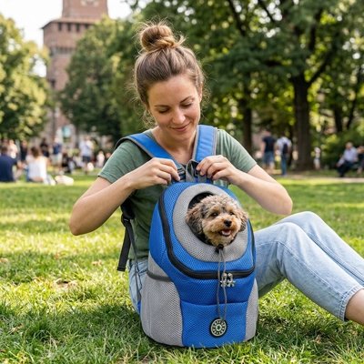 Sac a dos chien Fusion Maîtresse assis sur la pelouse avec son caniche dans le sac bleu