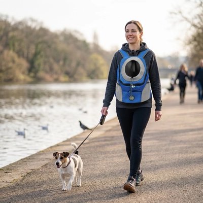 Sac a dos chien Fusion Maîtresse en ballade avec son Jack Russell avec le sac bleu
