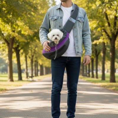Sac de transport de Chien Maître marchant au parc avec son caniche dans le sac mauve