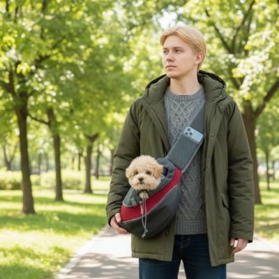 Sac de transport de Chien Maître marchant avec son caniche dans le sac rouge