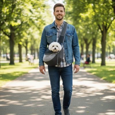 Sac de transport de Chien Maître se baladant avec son bichon maltais dans le sac gris