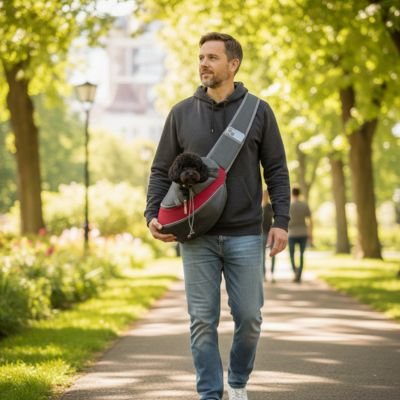 Sac de transport de Chien Maître se promenant avec son caniche dans le sac rouge