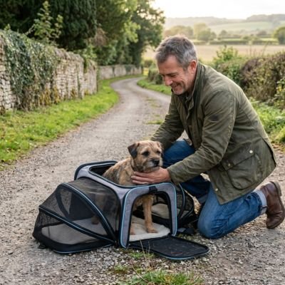 Sac de transport pour Chien Extension maître tenant son chien dans le sac bleu