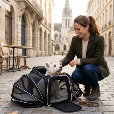 Sac de transport pour Chien Extension Maîtresse flattant son son petit Westie assis dans le sac blanc