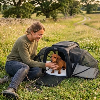 Sac de transport pour Chien Extension Teckel assis dans le sac noir avec sa maîtresse à ses côtés