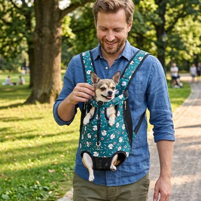 Sac transport Chien Colissous Maître portant son Chihuahua en se promenant au parc