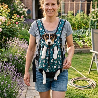 Sac transport Chien Colissous Maîtresse portant son petit Jack Russell pour le jardinage