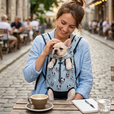 Sac transport Chien Colissous Maîtresse portant son Pug en prenant son café sur une terrasse